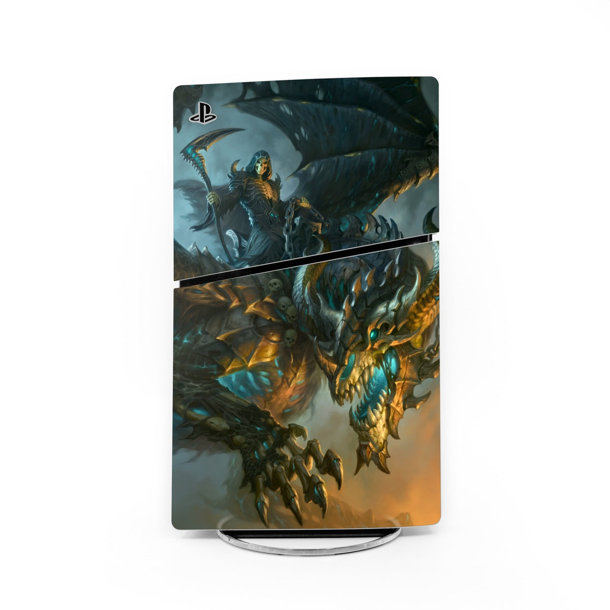 PS5 Slim console skin with blue-green dragon fantasy artwork