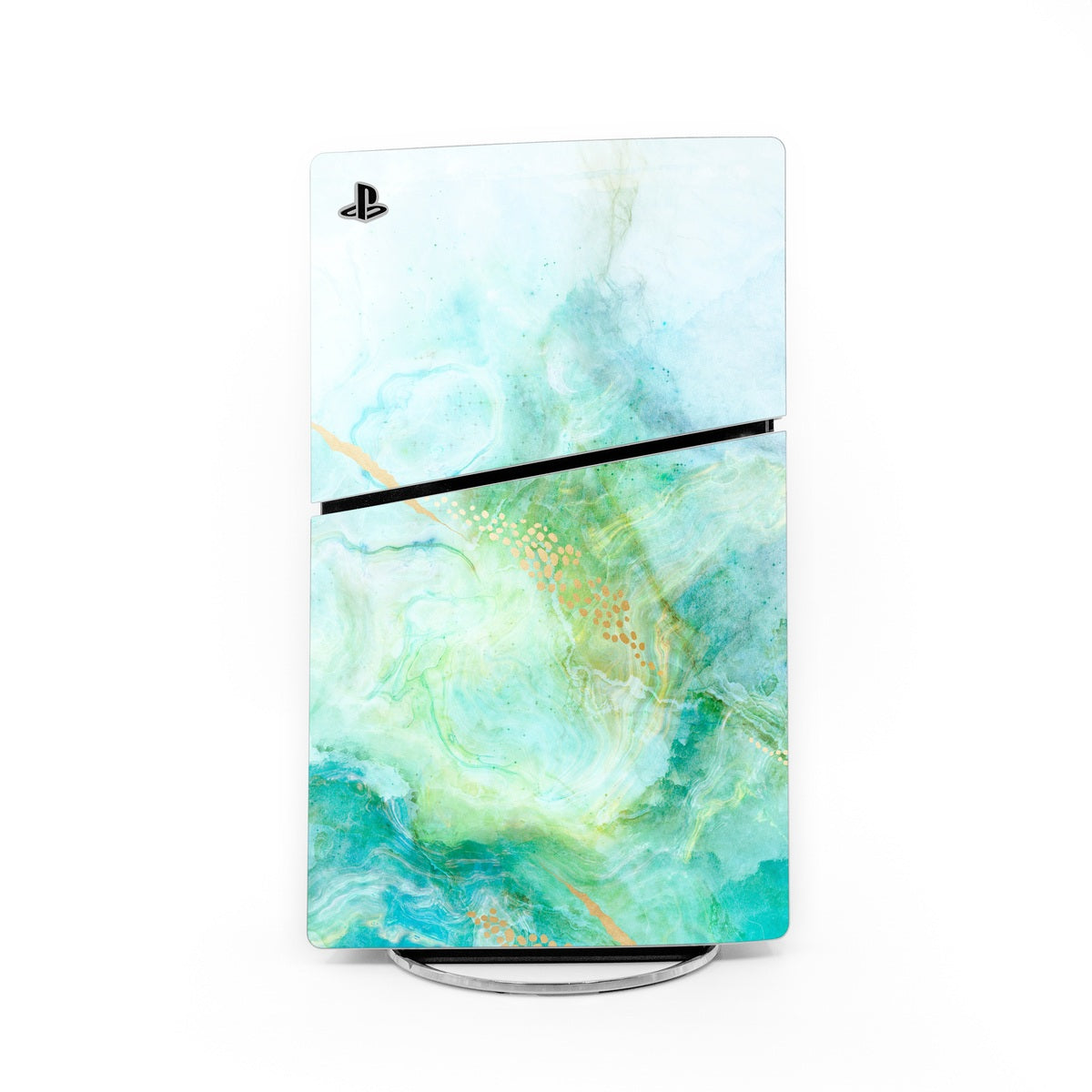 Sony PS5 Slim skin with teal blue green marble pattern