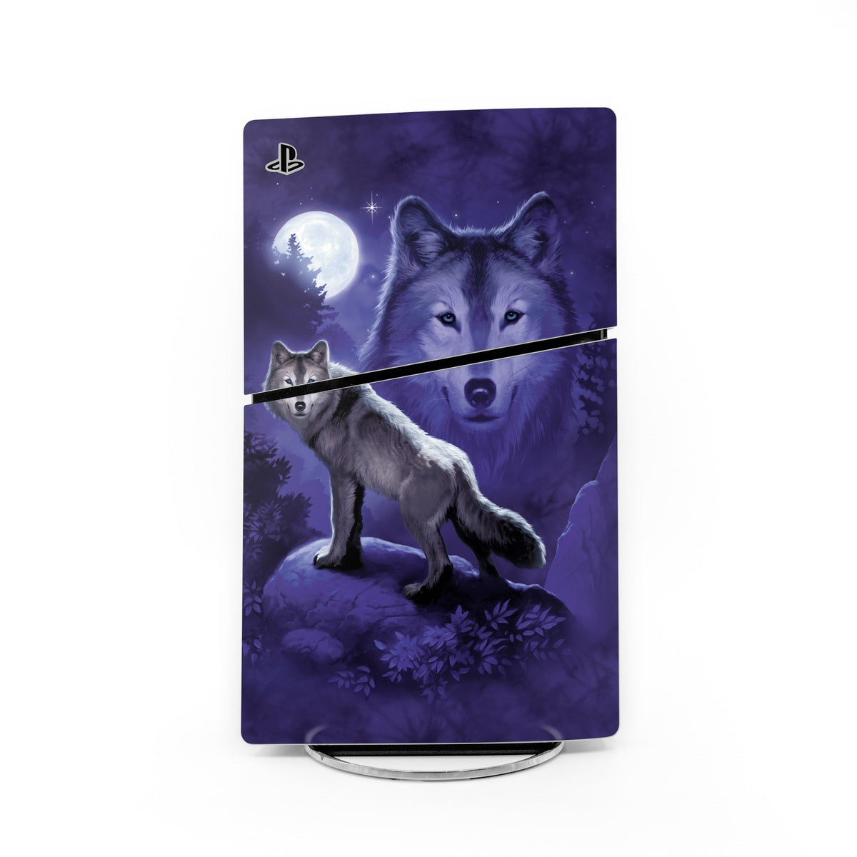 PlayStation 5 Slim skin with dark purple wolf and moon graphic, PlayStation logo