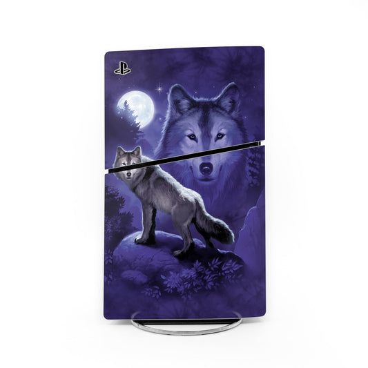 PlayStation 5 Slim skin with dark purple wolf and moon graphic, PlayStation logo