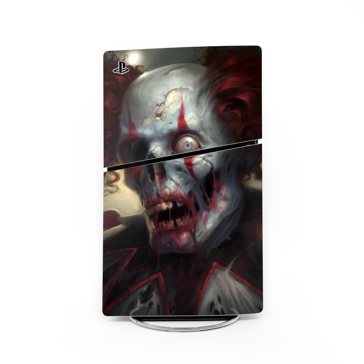 PS5 Slim skin with clown horror artwork in red, black, and gray; PlayStation logo.