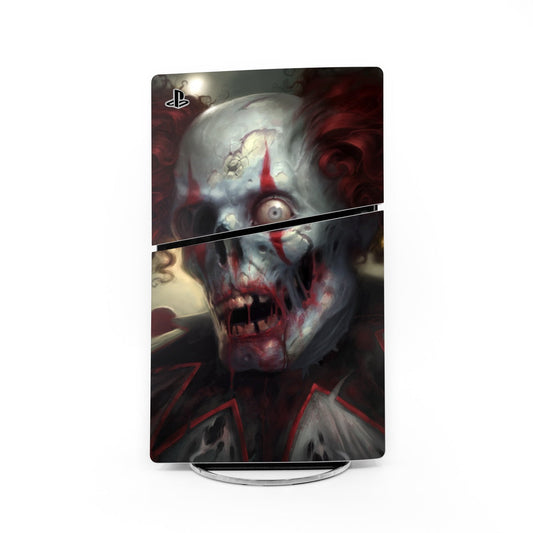 PS5 Slim skin with clown horror artwork in red, black, and gray; PlayStation logo.