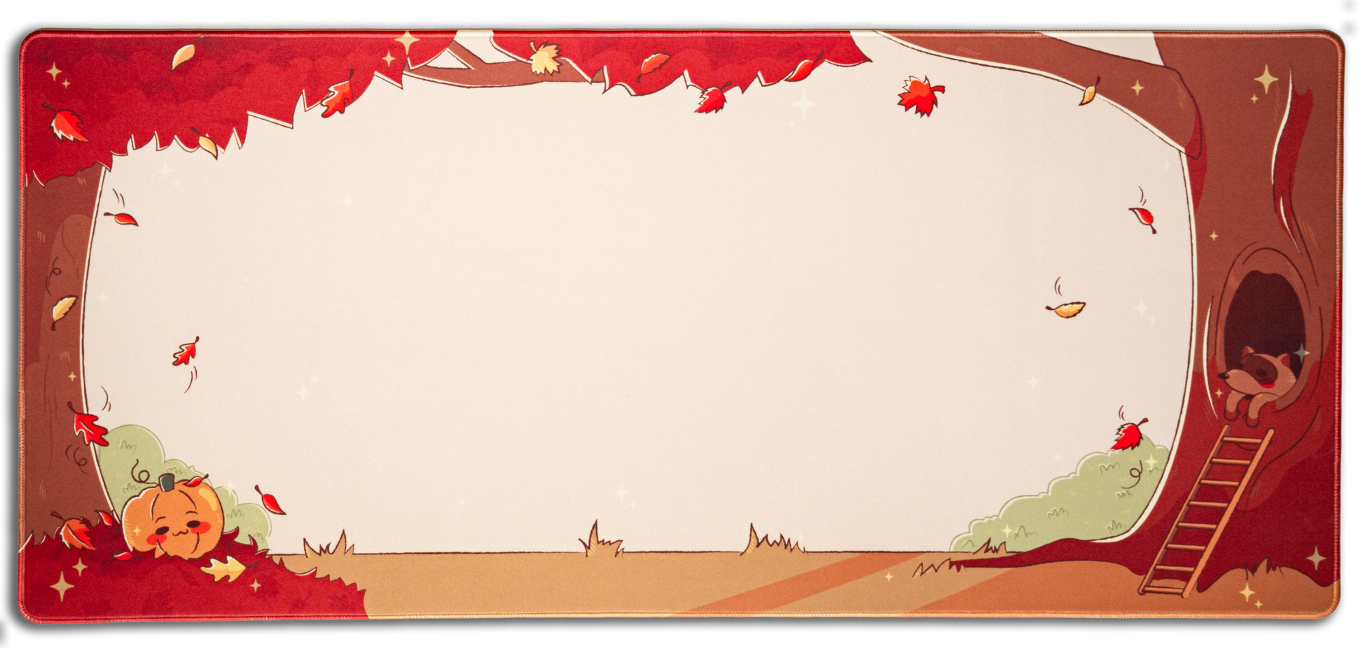 Pumpkin desk mat with red border, cream center, playful pumpkin and falling leaves graphic