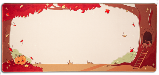 Pumpkin desk mat with red border, cream center, playful pumpkin and falling leaves graphic