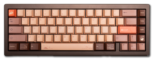Mechanical keyboard keycaps set with beige and orange themed legends on full layout