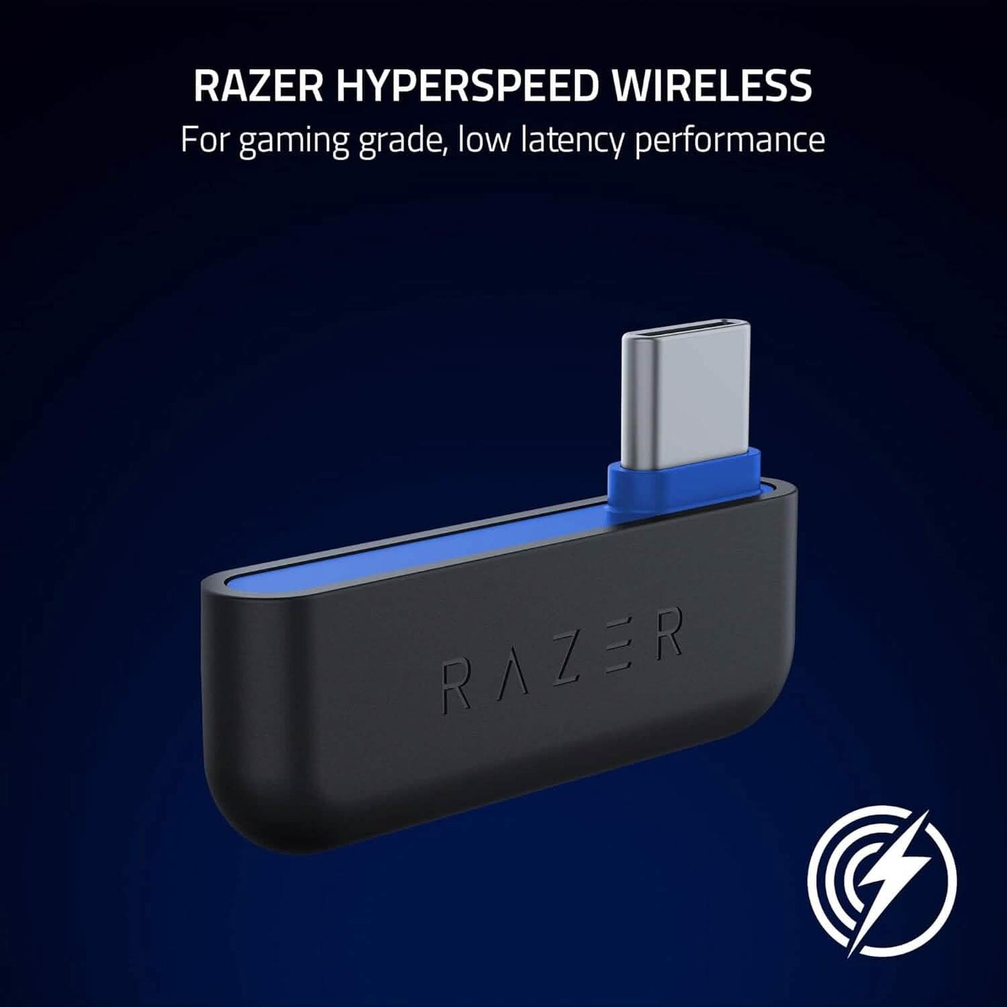Wireless headset USB dongle with blue base and Razer logo, metal connector