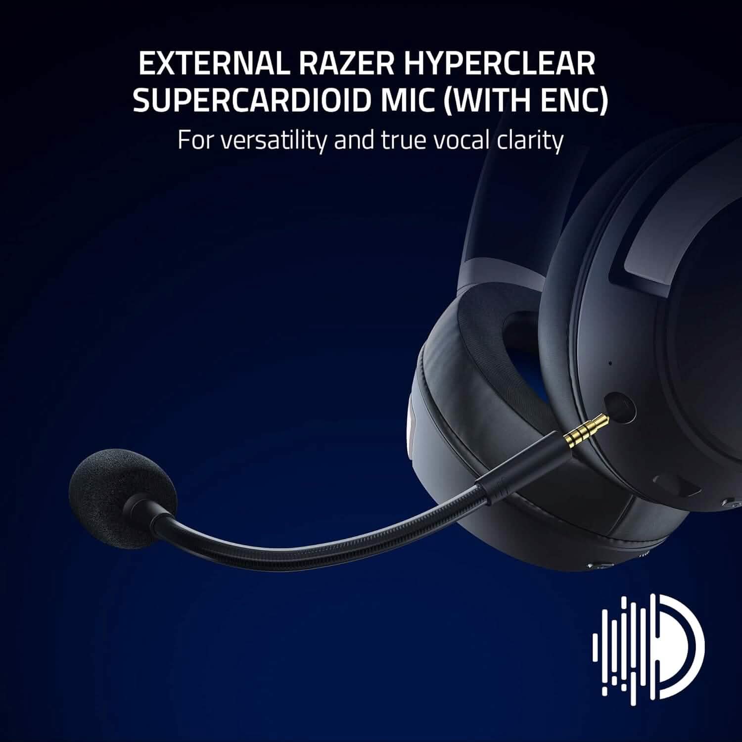 Boom microphone with foam tip and gold plug attached to a black over-ear headset