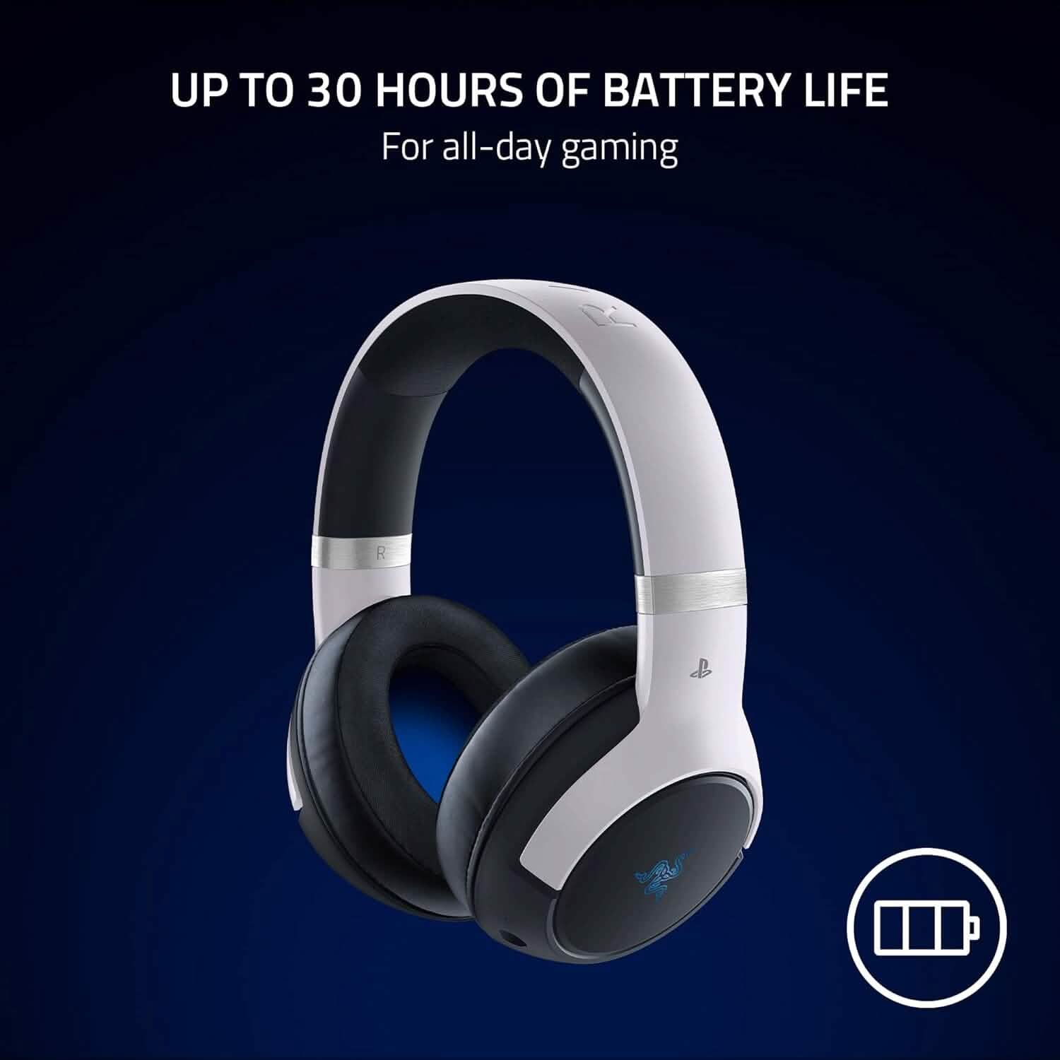 Wireless gaming headset with black ear cushions and silver headband, over-ear design