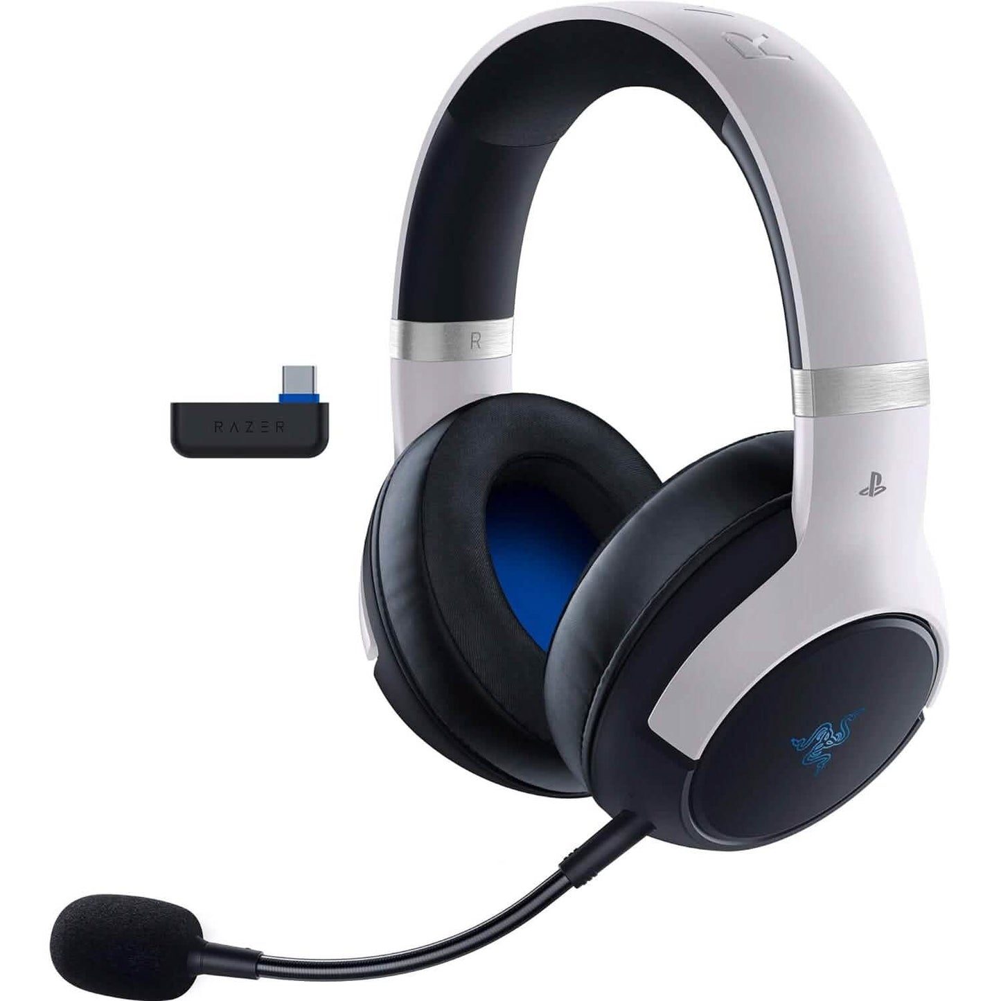 Wireless gaming headset with black foam boom mic and black-and-gray over-ear cushions