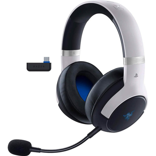Wireless gaming headset with black foam boom mic and black-and-gray over-ear cushions