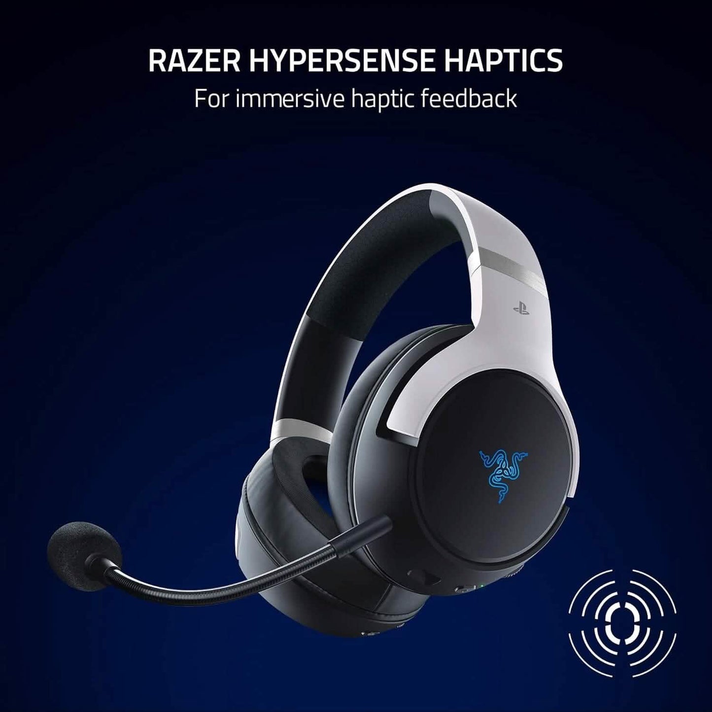 Wireless gaming headset with black-and-gray earcups and blue emblem on the ear cover