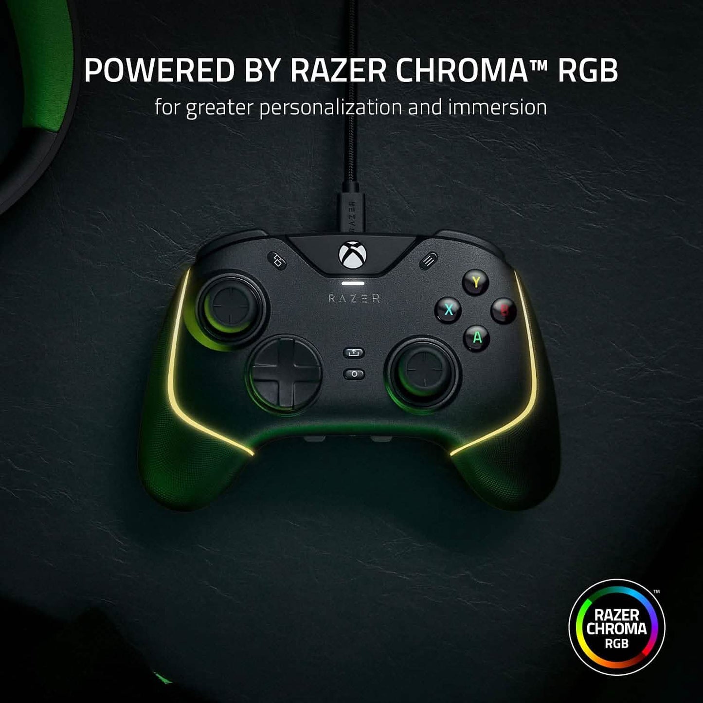 Razer wired gaming pro controller front with green RGB illumination and Xbox-style layout