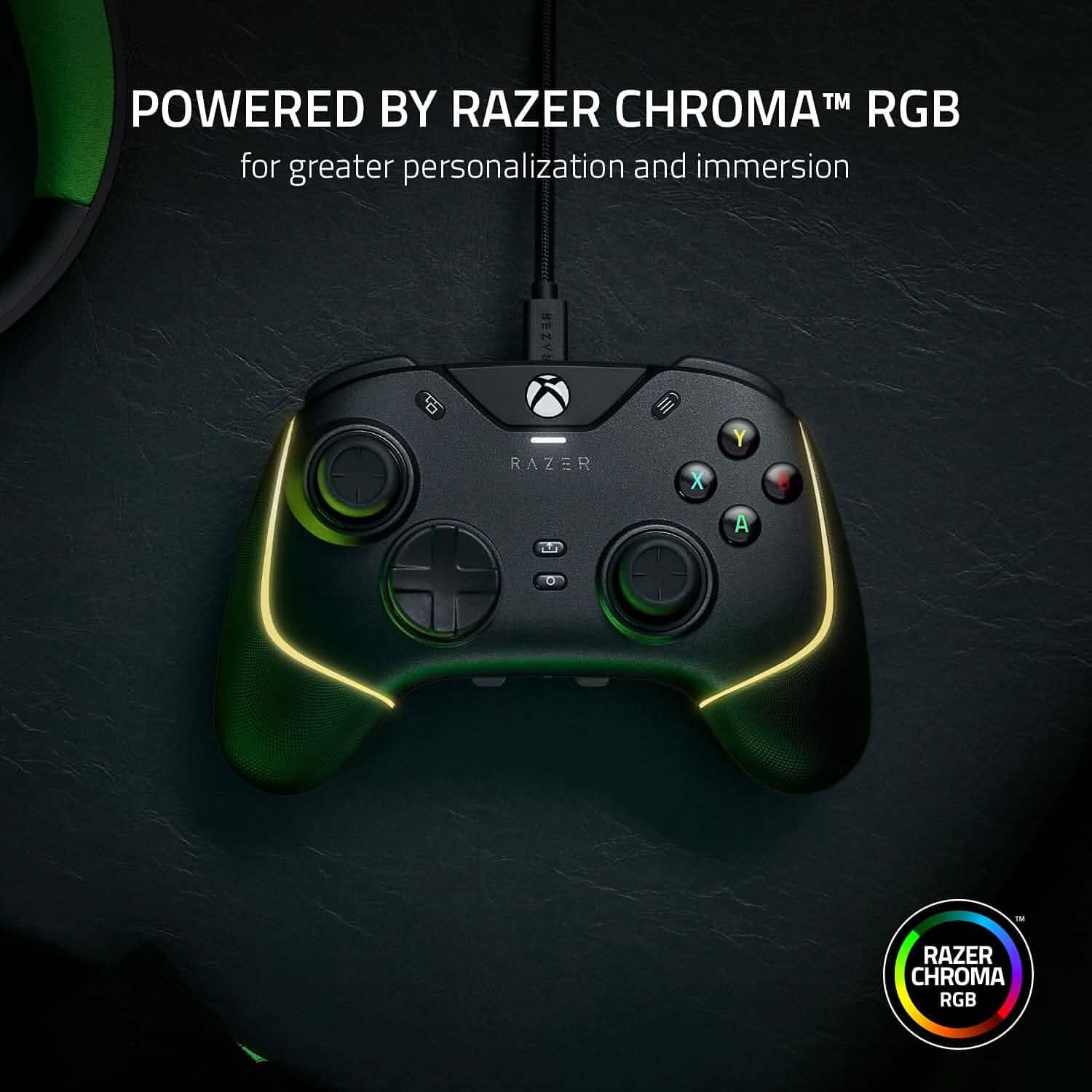Razer wired gaming pro controller front with green RGB illumination and Xbox-style layout