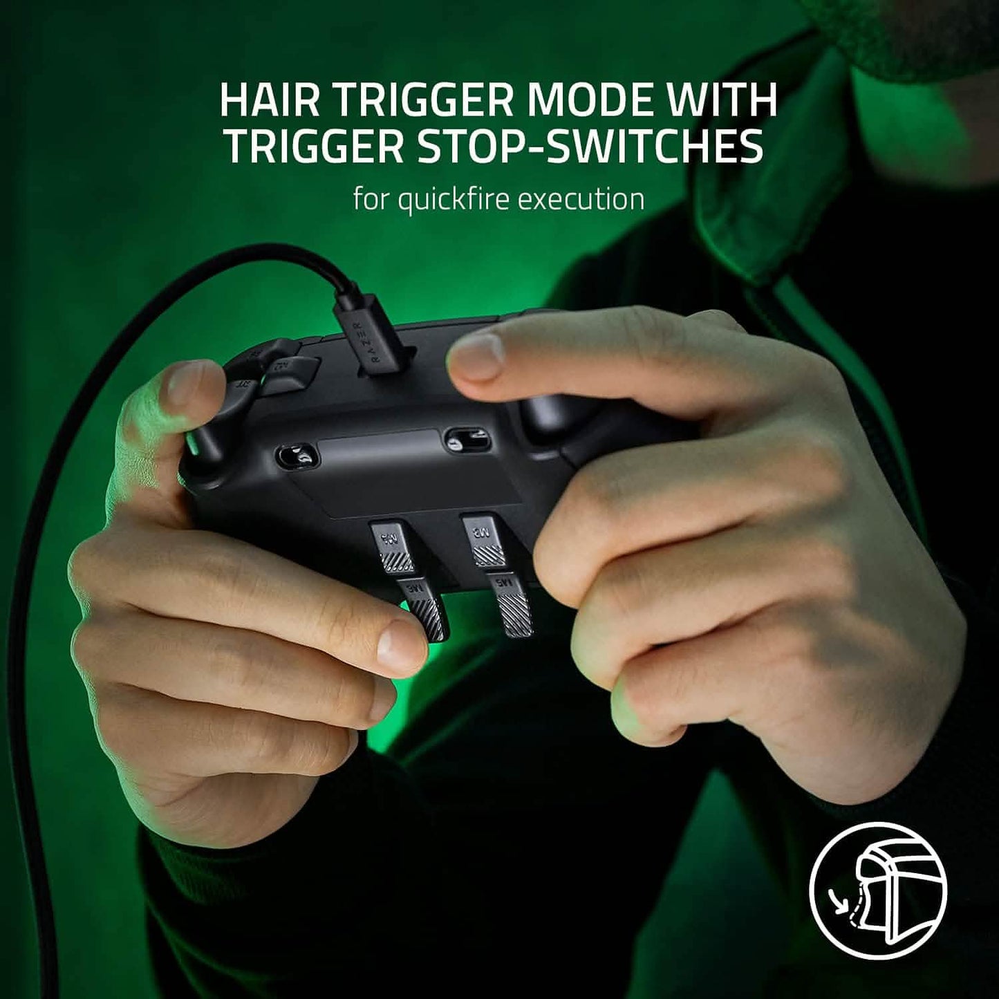Razer wired gaming pro controller underside with hair-trigger style stops and green RGB light