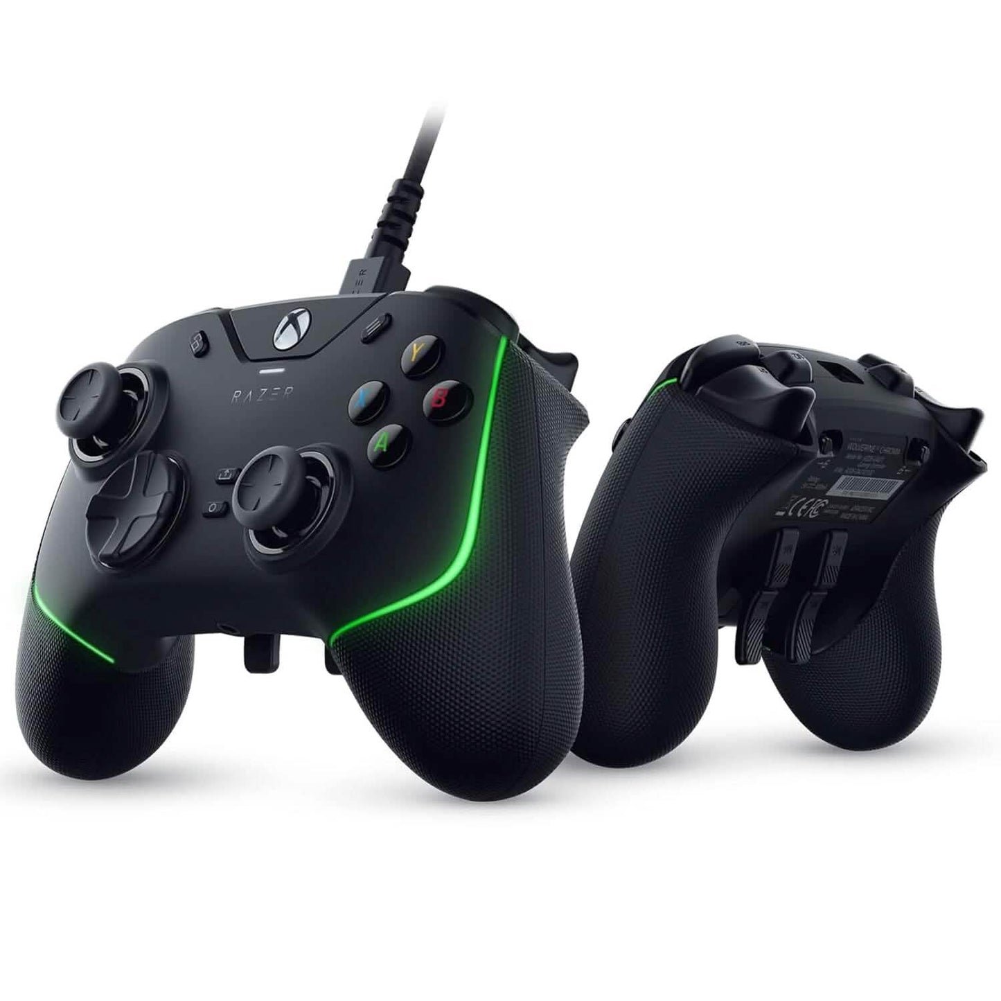 Razer wired gaming pro controller for Xbox, black with green RGB light accents and cable