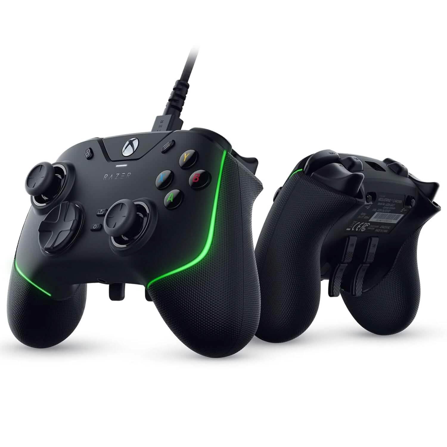 Razer wired gaming pro controller for Xbox, black with green RGB light accents and cable