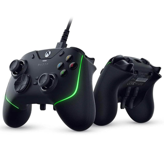 Razer wired gaming pro controller for Xbox, black with green RGB light accents and cable