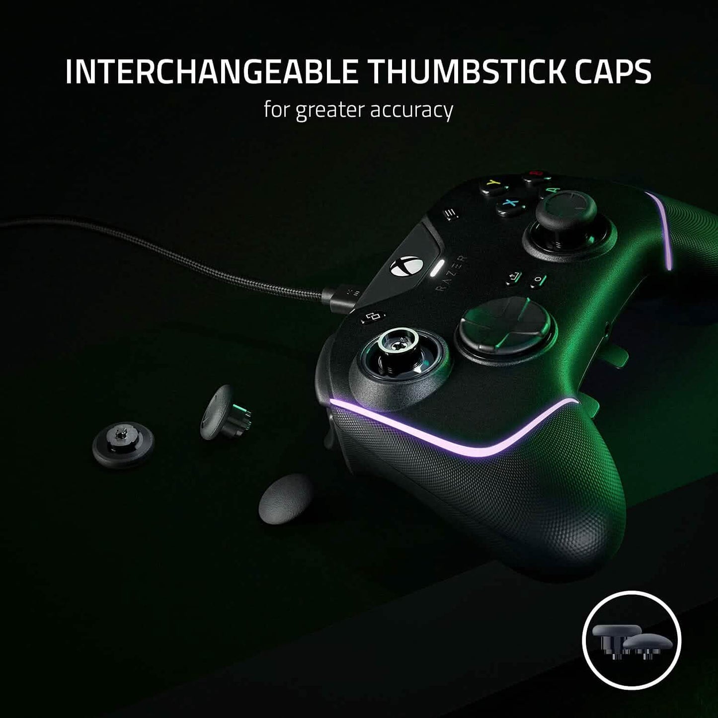Razer wired gaming pro controller with interchangeable thumbsticks and purple/green RGB lighting