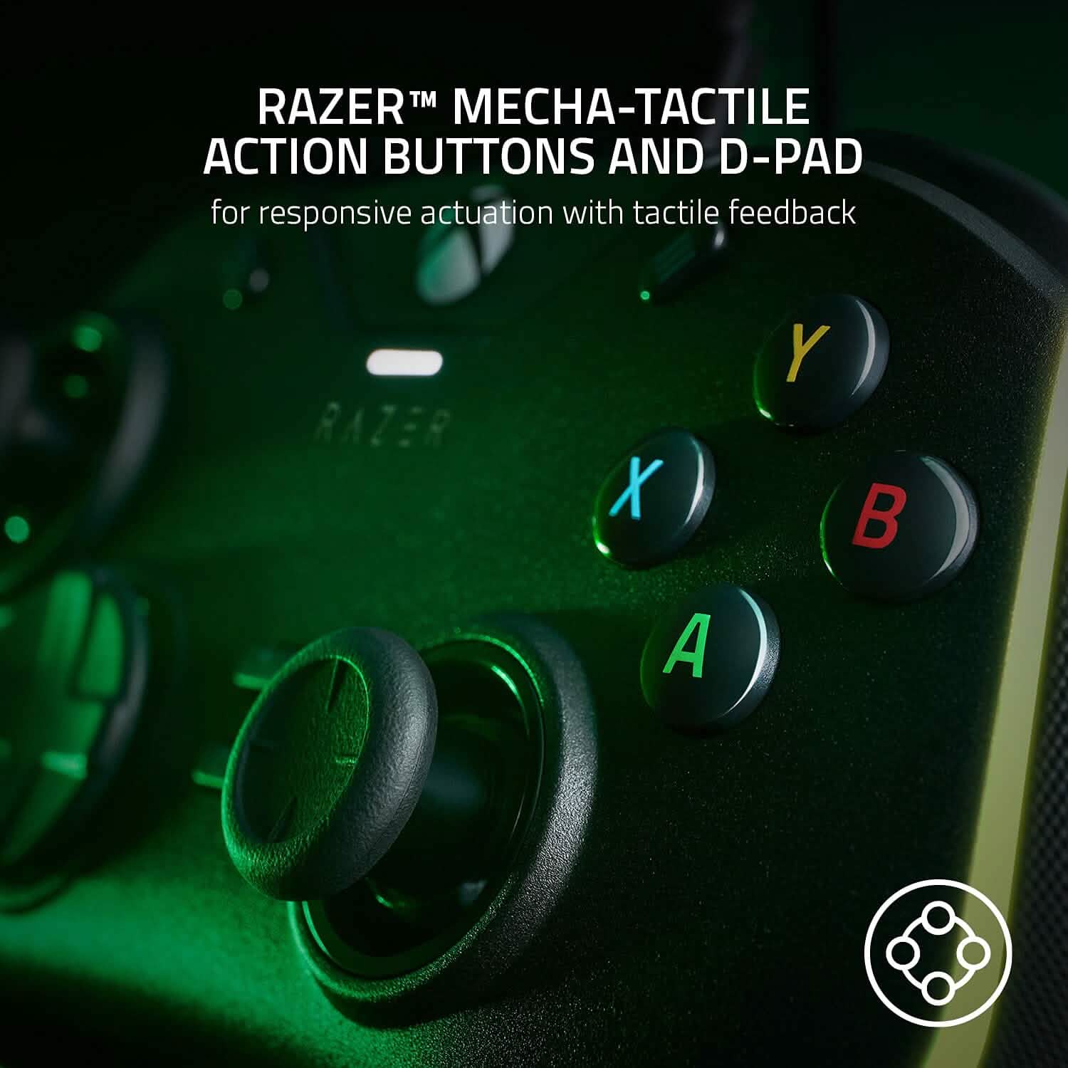 Razer wired gaming pro controller buttons and D-pad with green RGB backlight