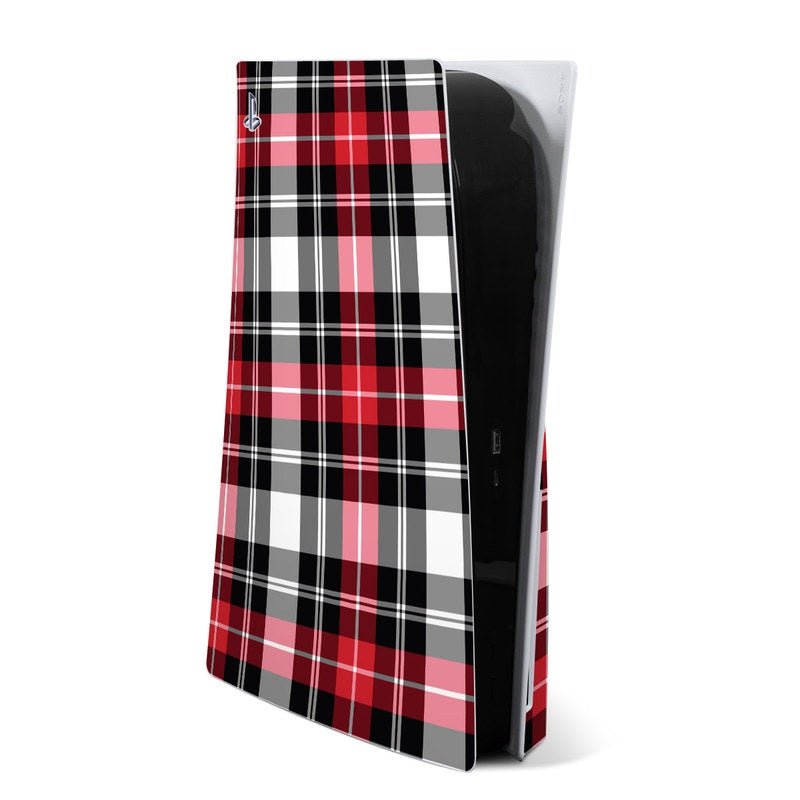 Red plaid PS5 skin with black side panels and white grid lines