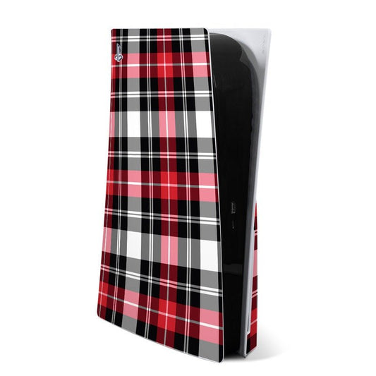 Red plaid PS5 skin with black side panels and white grid lines