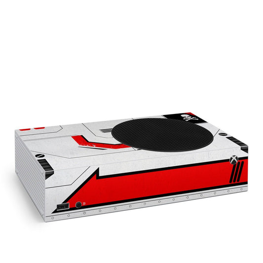 Xbox Series S skin with red and white sci-fi design and black circular emblem