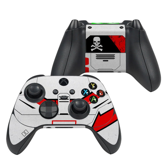 Xbox Series X controller skin, black and red pirate skull graphic, front view