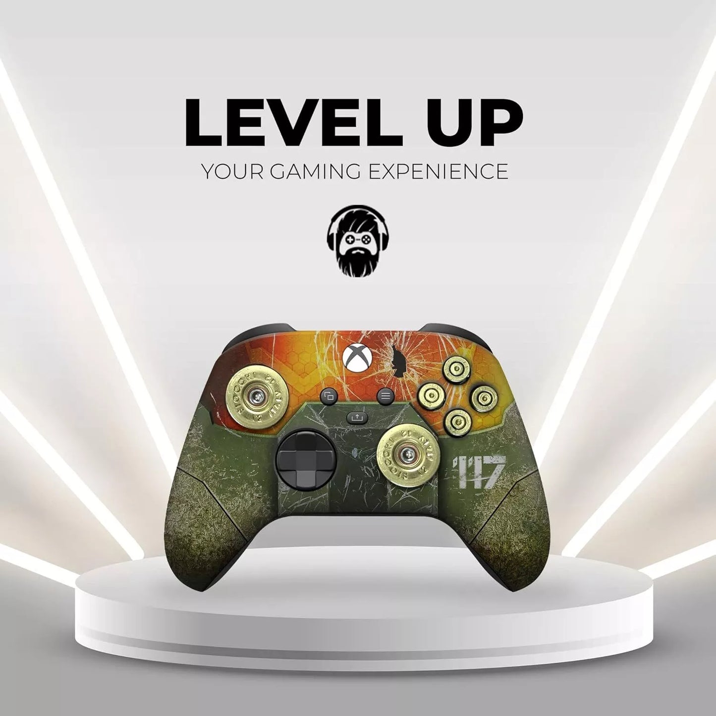 Xbox Series X controller on pedestal with green-and-orange Halo-inspired design