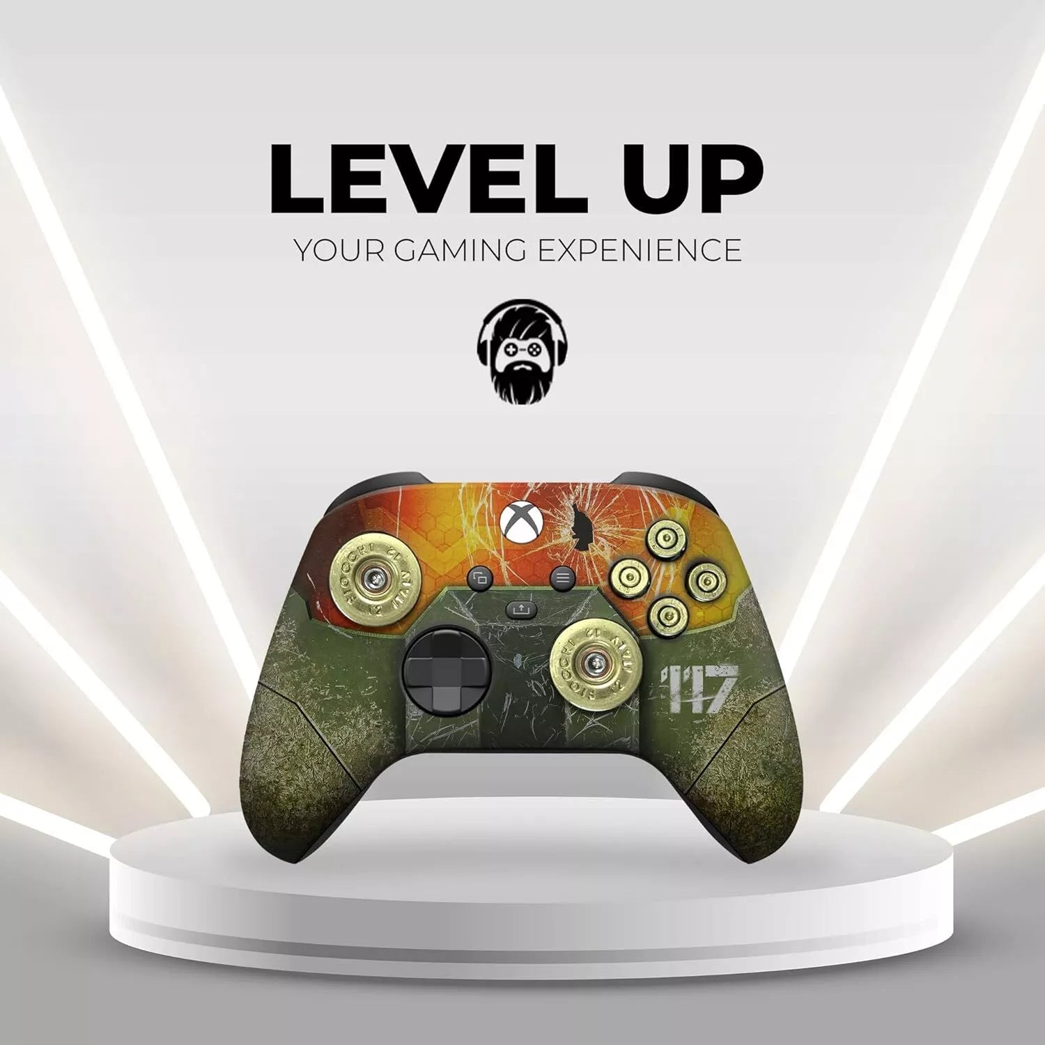 Xbox Series X controller on pedestal with green-and-orange Halo-inspired design