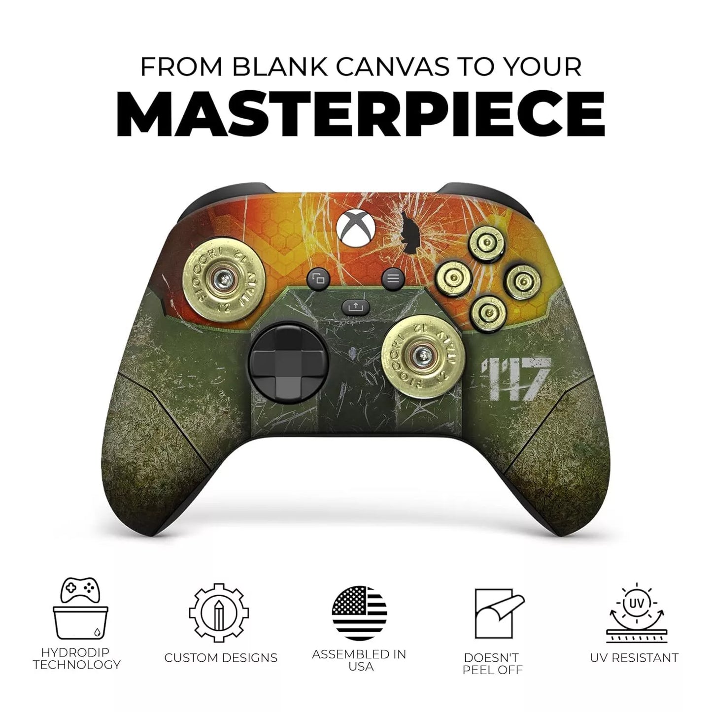 Xbox Series X controller with green-and-orange game-themed print and gold circular grips