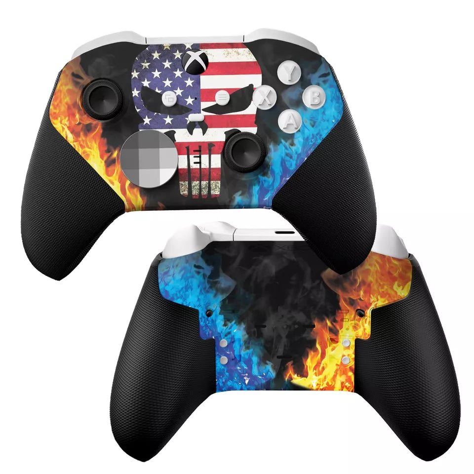 Black Xbox Elite Series 2 Core controller with American flag, flames, and blue hydro-dip design