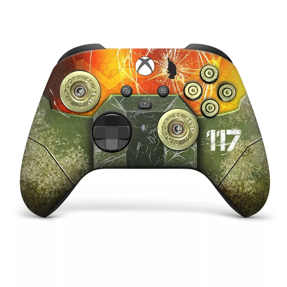 Xbox Series X controller with green Halo artwork, orange panel, and detailed thumbsticks