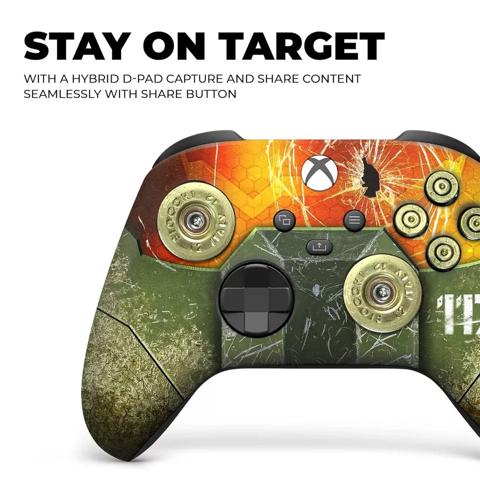 Xbox Series X controller close-up with orange top and green Halo art over black buttons