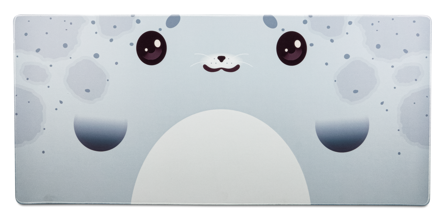 Cute seal desk mat with smiling face and round cheeks, light blue and white pattern