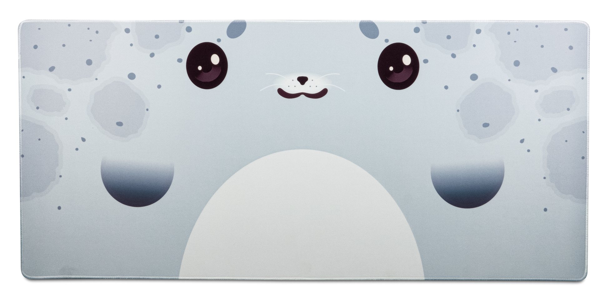 Cute seal desk mat with smiling face and round cheeks, light blue and white pattern