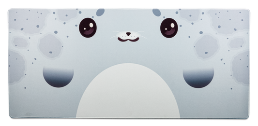 Cute seal desk mat with smiling face and round cheeks, light blue and white pattern