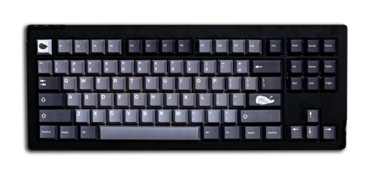 Keycap set with dark blue and light gray keys, visible QWERTY row and modifiers