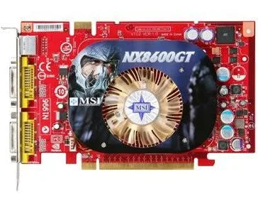 MSI GeForce 8600 GT graphics adapter with red PCB and dual-slot cooling fan