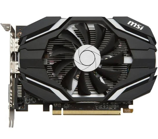 MSI AMD Radeon RX 460 graphics card, black dual-fan heatsink, PCIe bracket, side connectors.