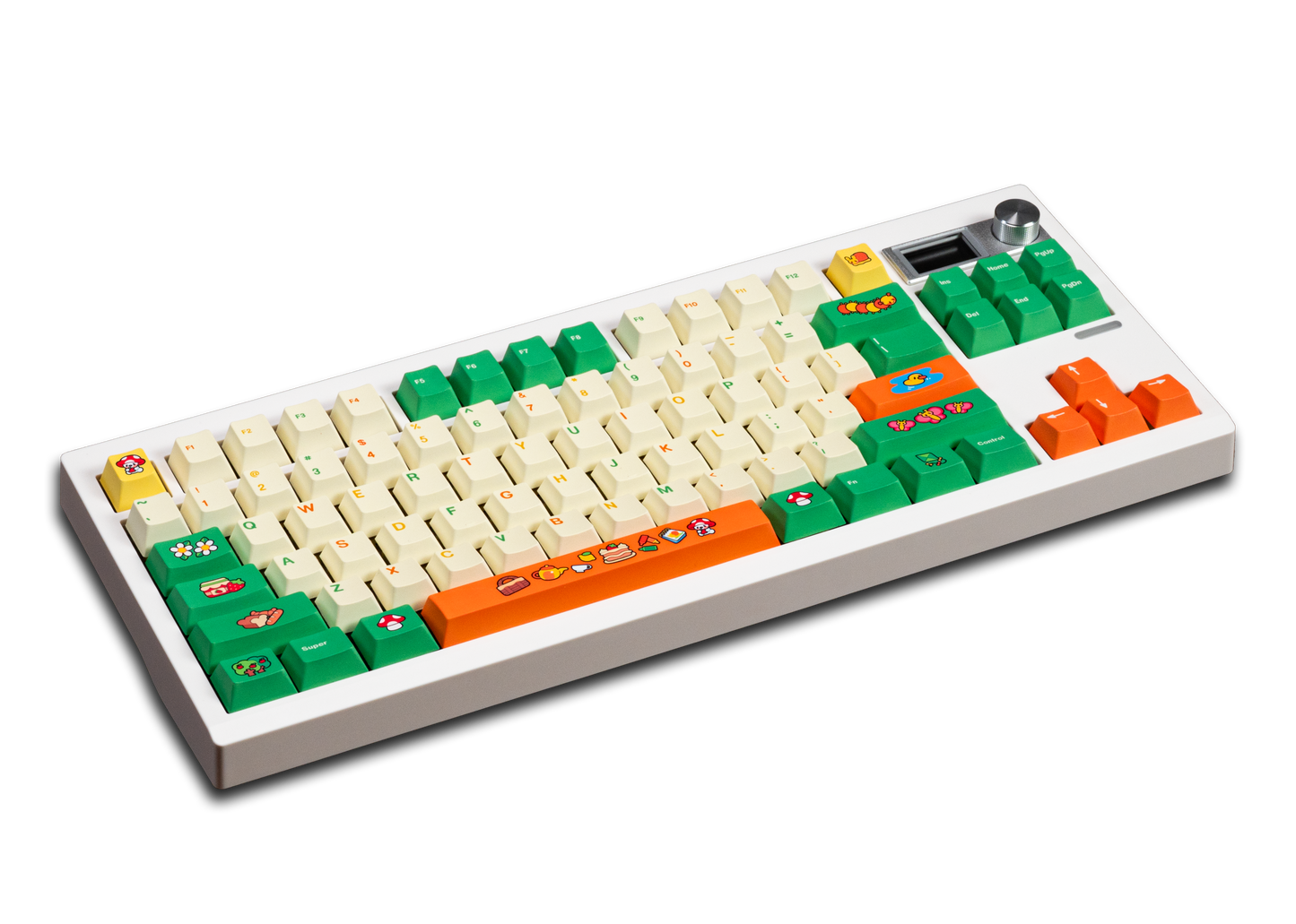 Colorful PBT keycap set with cream, green, orange keys and cartoon icon legends
