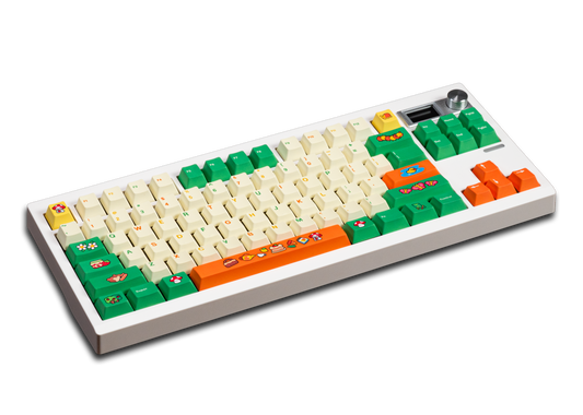 Colorful PBT keycap set with cream, green, orange keys and cartoon icon legends