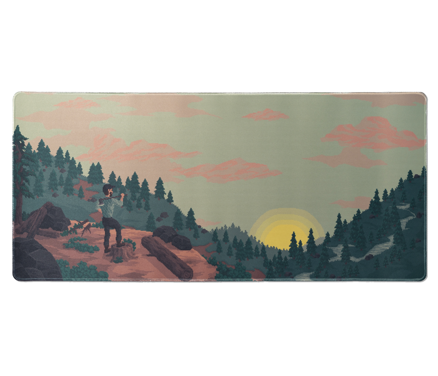 Rectangular desk mat with pixel art sunset forest scene and stitched edges