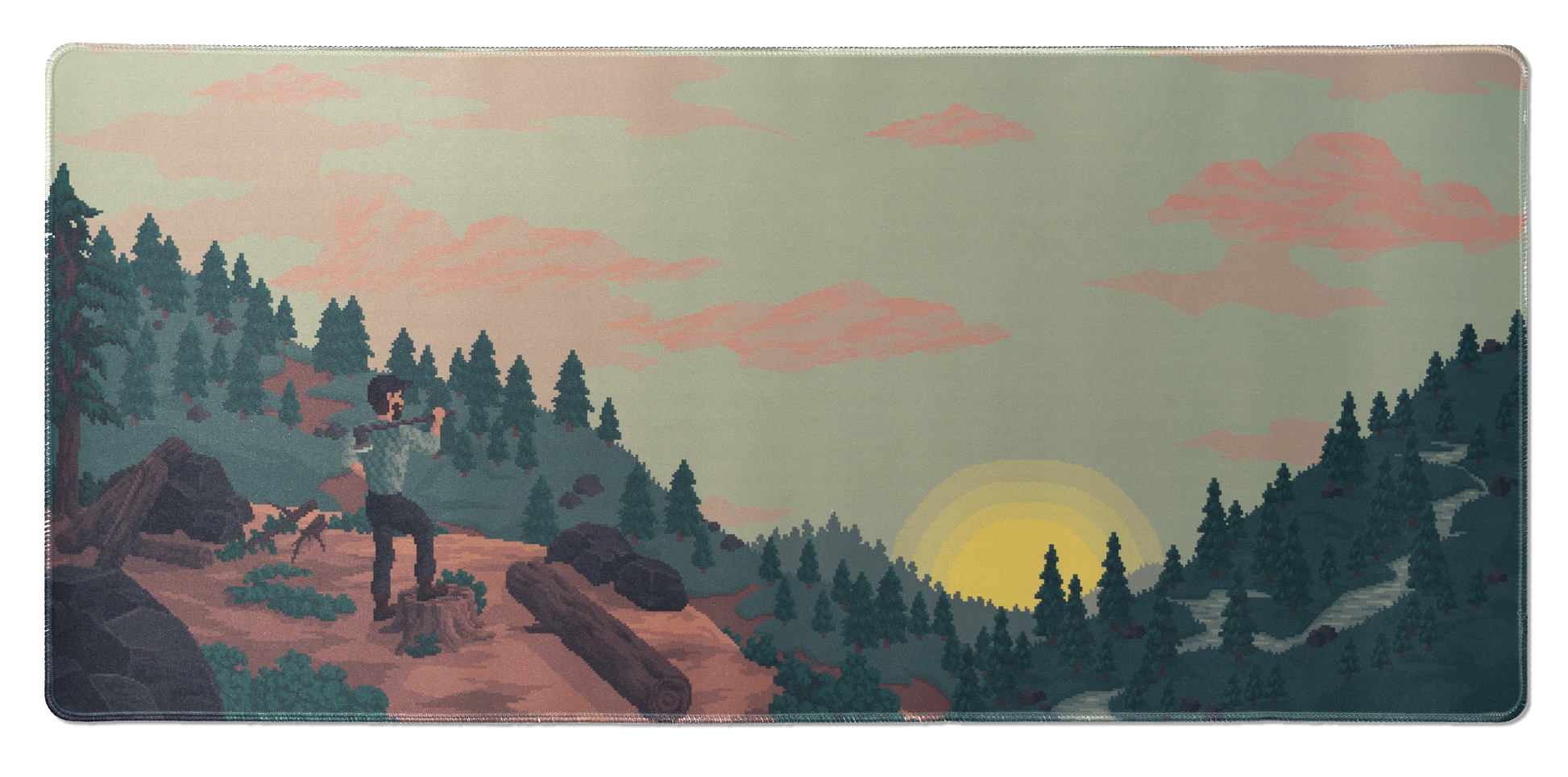 Rectangular desk mat with pixel art landscape sunrise scene and stitched border