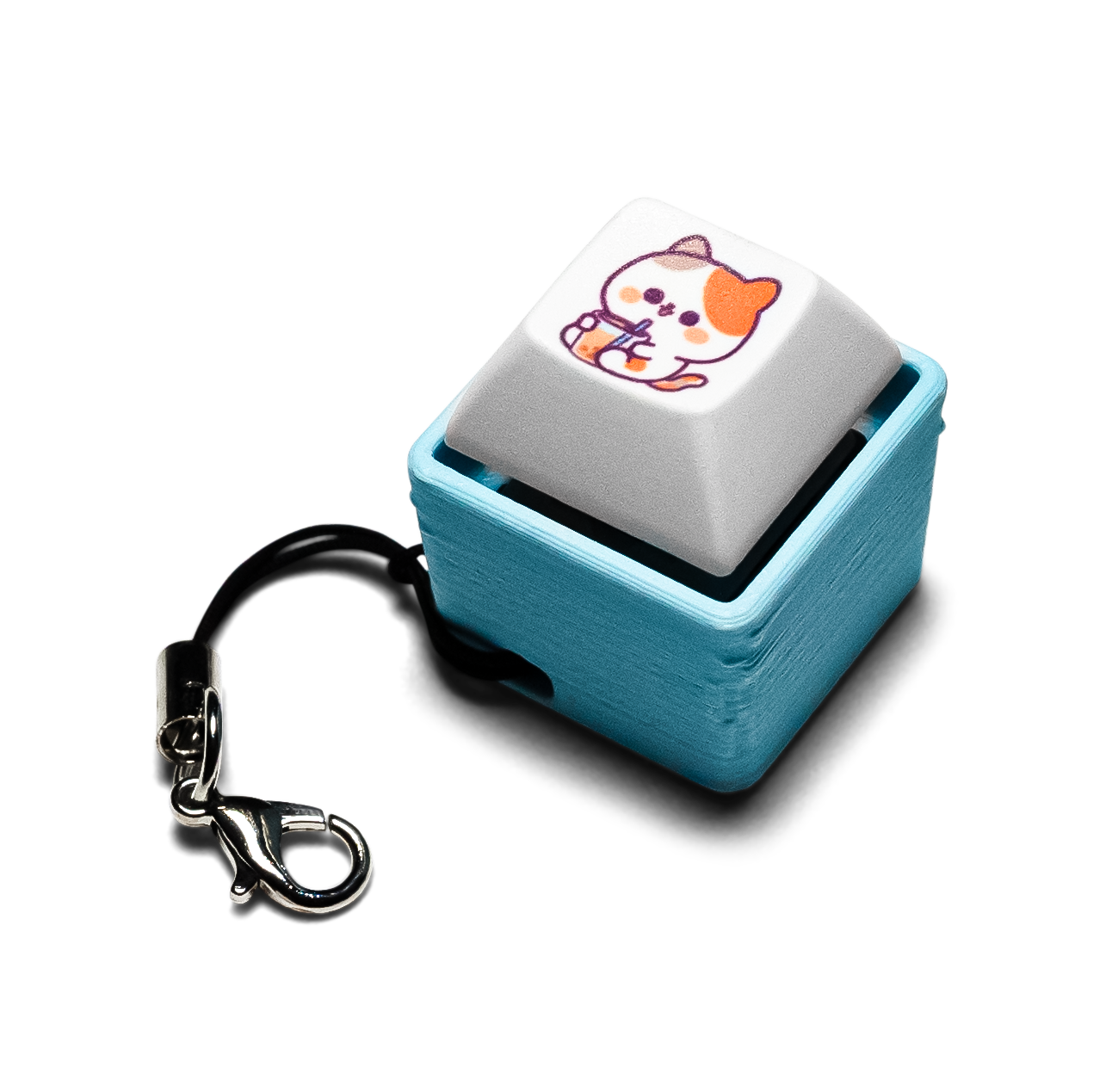 Mechanical keycap fidget keychain, blue case with white keycap and orange cat face.