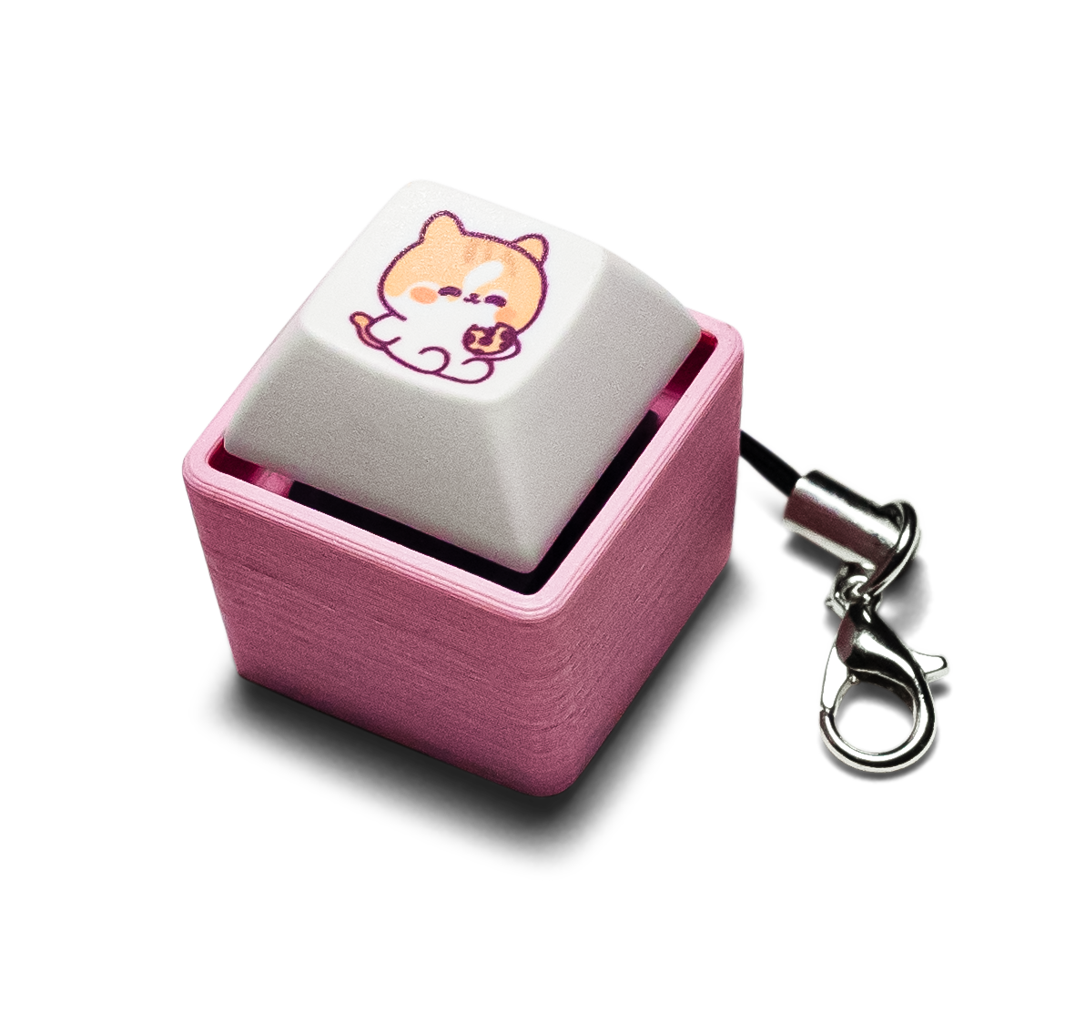 Mechanical keycap fidget keychain, pink case with white keycap and cute bear face.