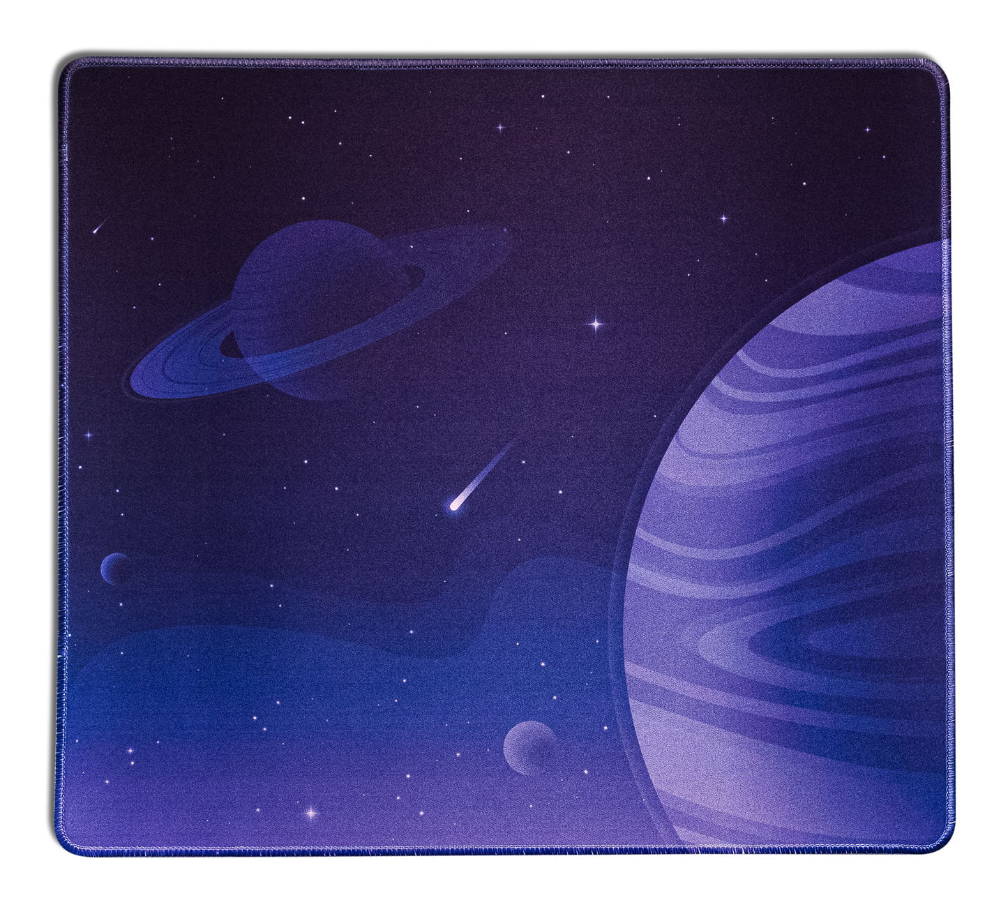 Desk mat close-up with dark purple planet and starfield design, rounded corners