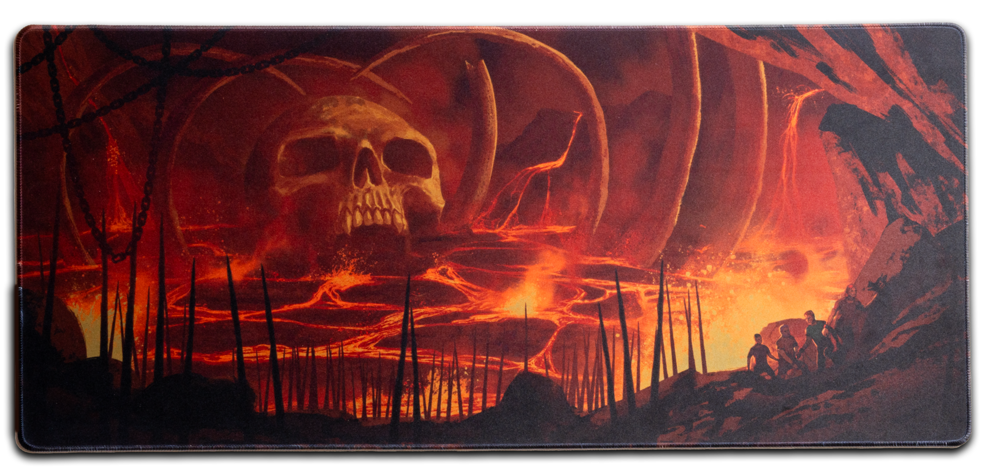 Desk mat with fiery skull graphic, orange-red waves, and chain-link border