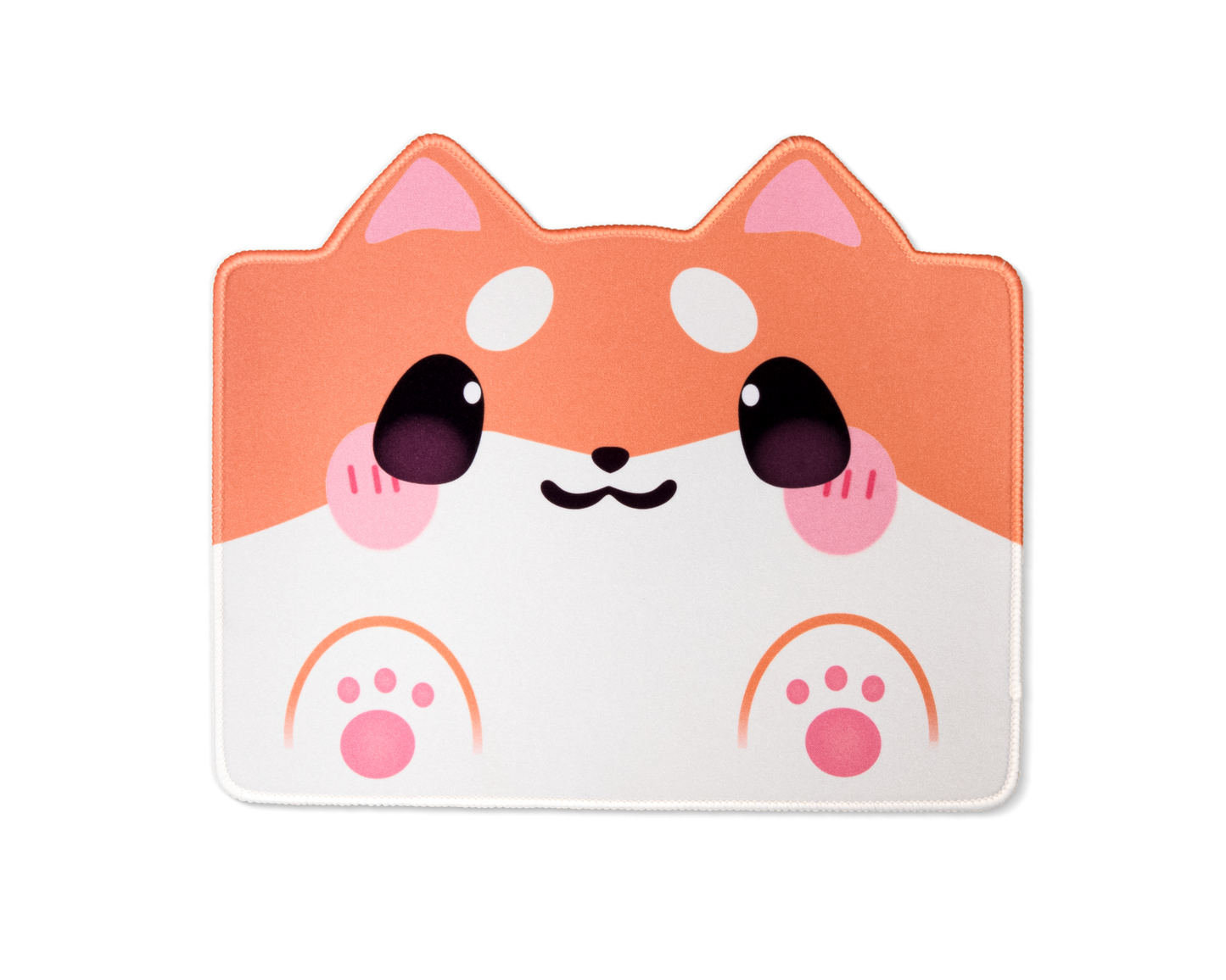 Shiba dog desk mat with orange dog ears, big eyes, and paw-print icons