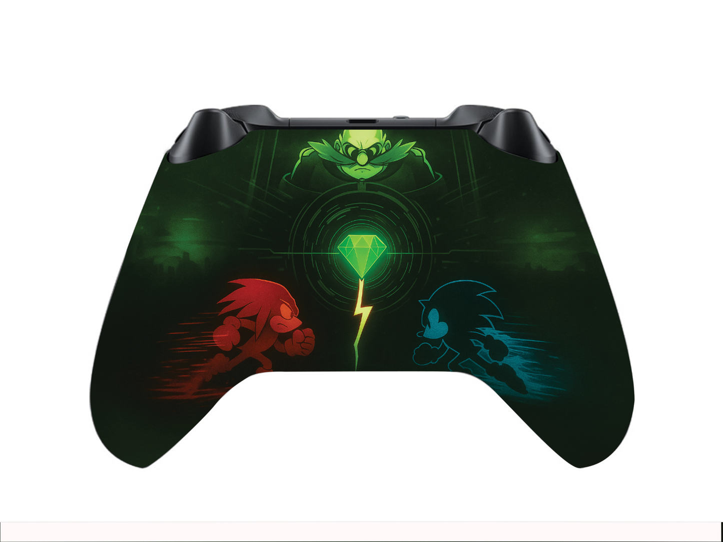 Black Xbox Series X/S controller front with green character emblem and red/blue silhouettes