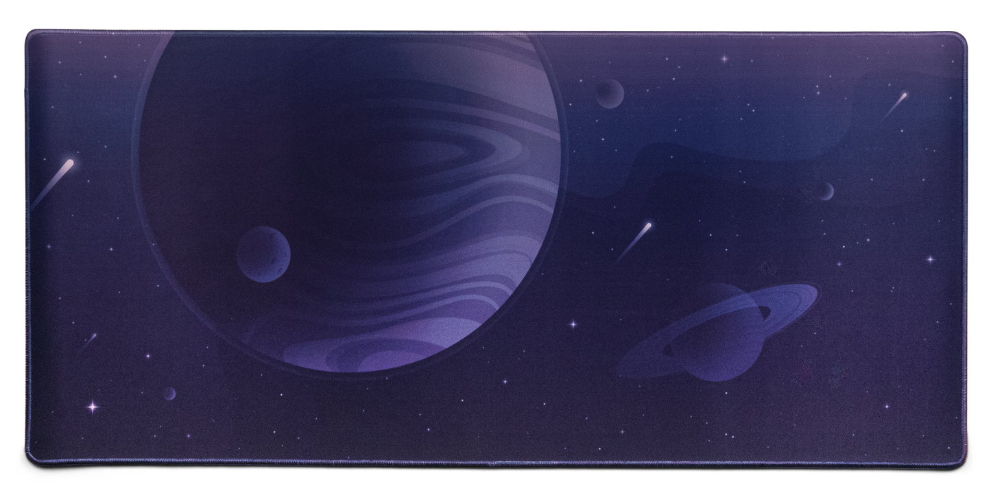 Desk mat with dark purple space scene, stars, and planets, rounded stitched edges
